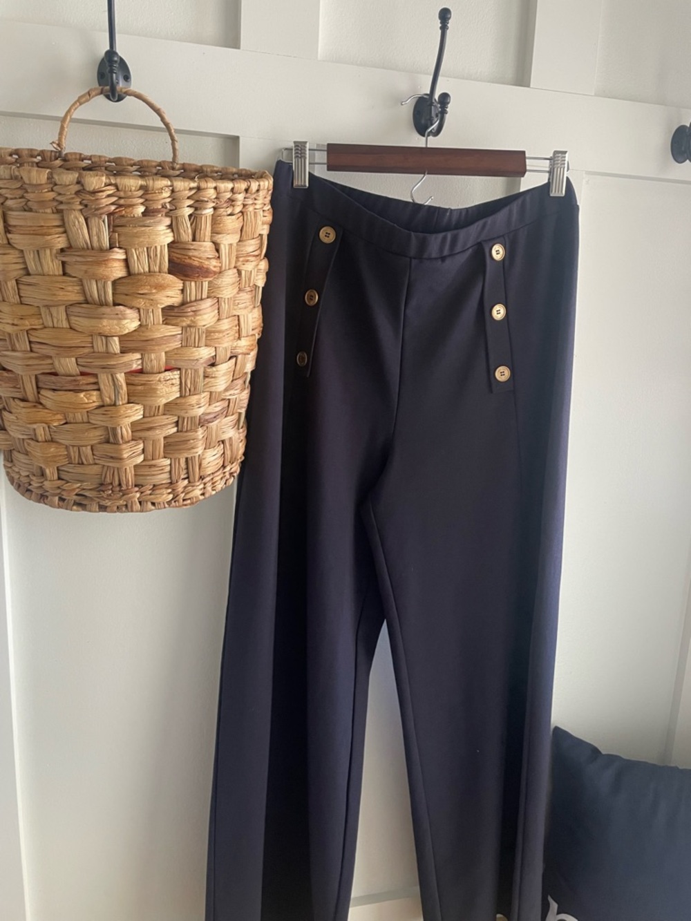 Navy Wide-Leg High-Rise Pants with Gold Button Detail